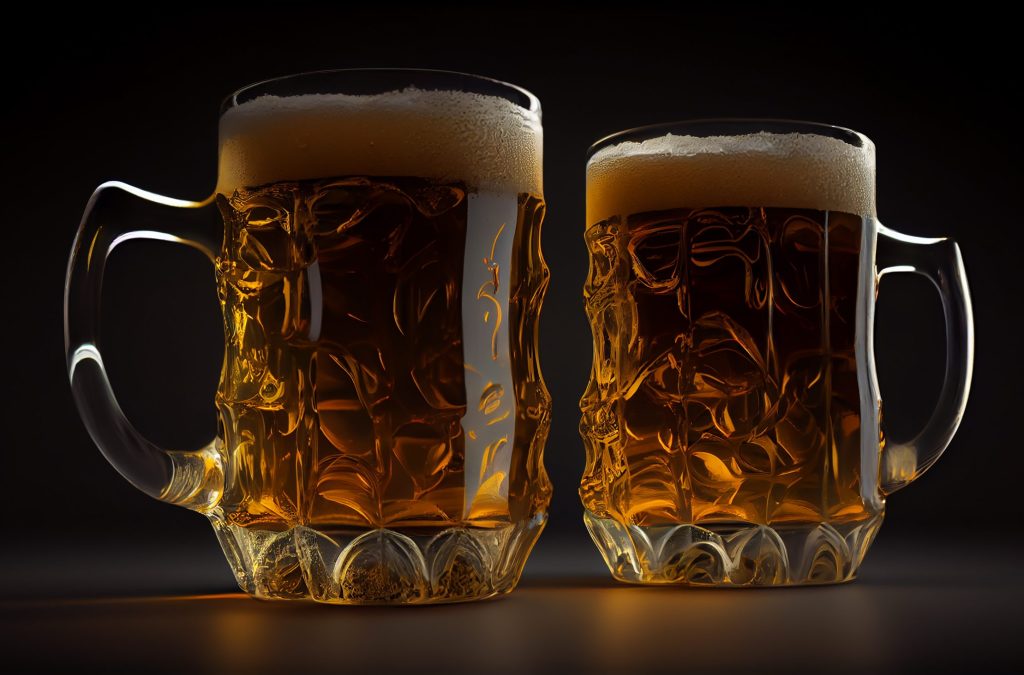 Fresh beers in frothy mugs on wooden table , generative artificial intelligence