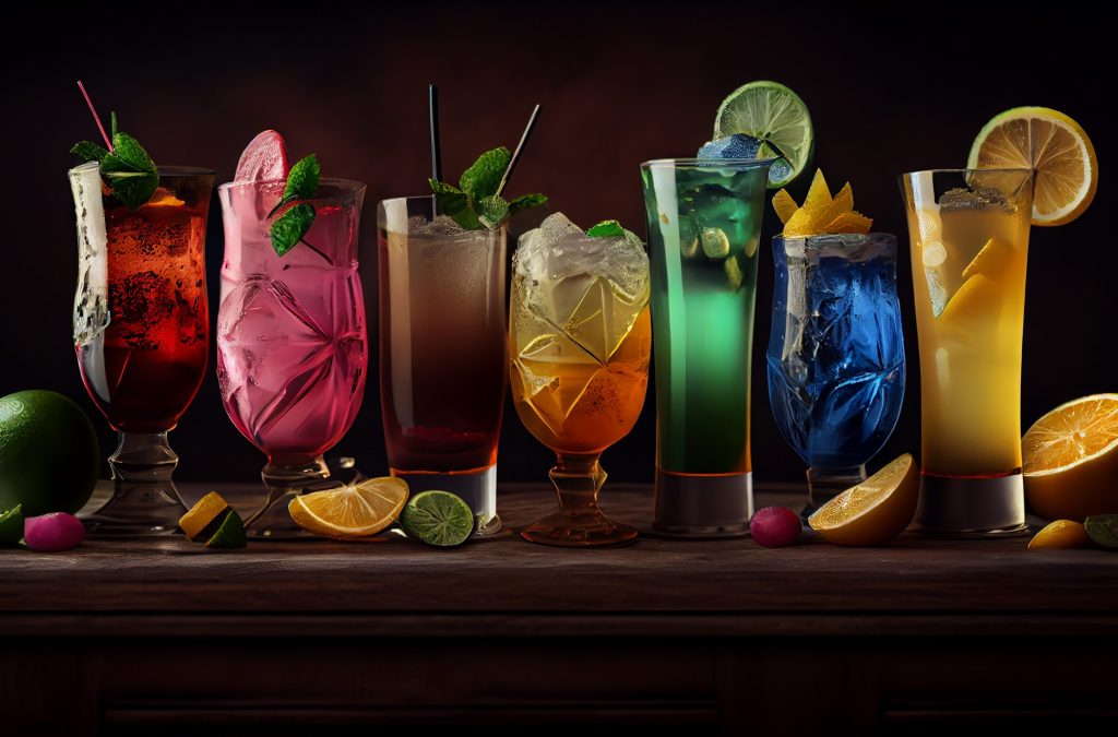 Fresh cocktails on wooden table with leafs , generative artificial intelligence