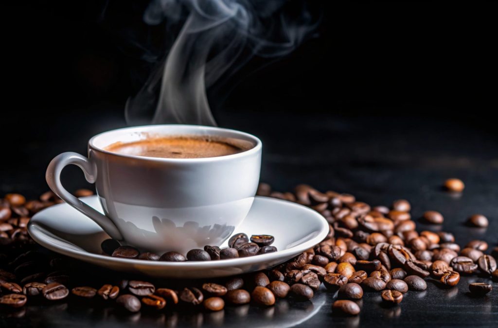 Steaming cup of coffee on a saucer with coffee beans scattered around.